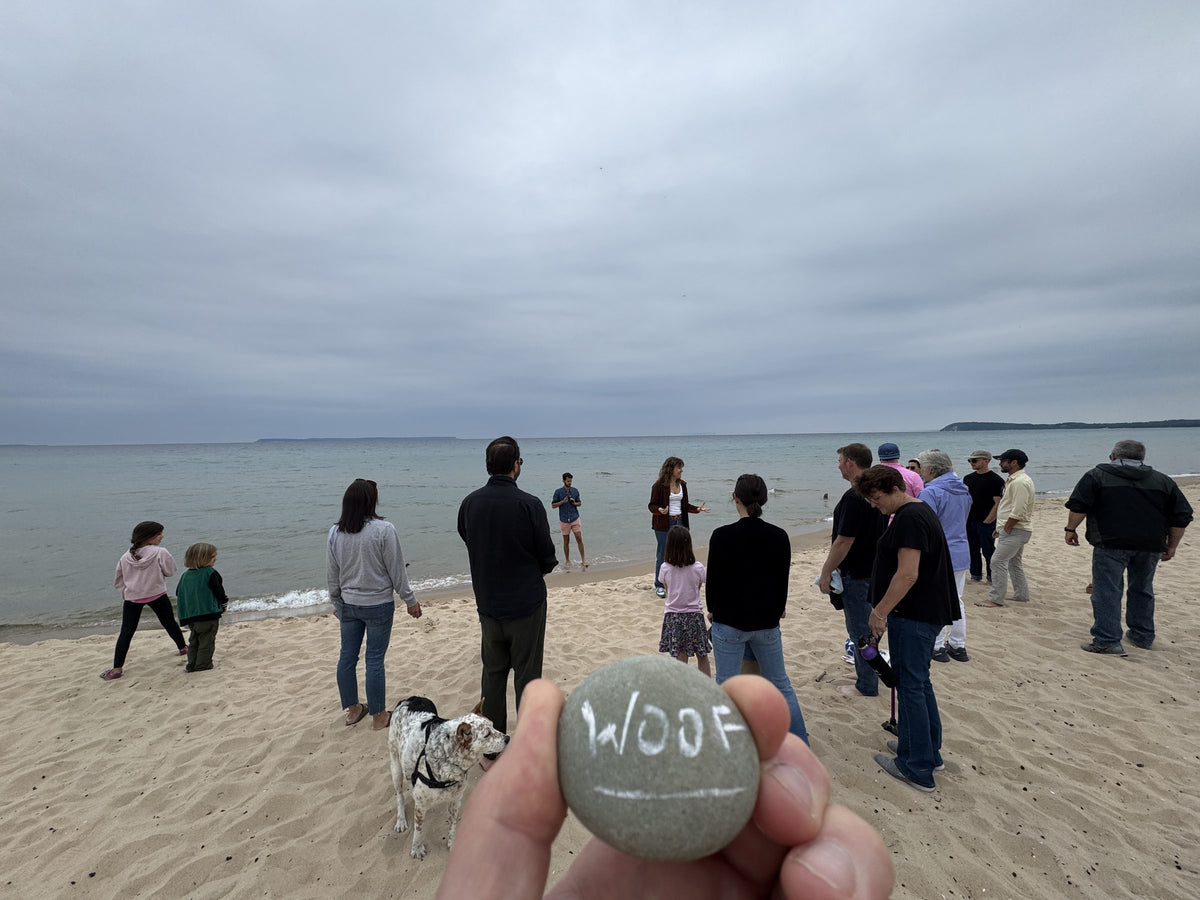 A stone painted with the word WOOF, held up at a Lake Michigan beach memorial for a beloved dog