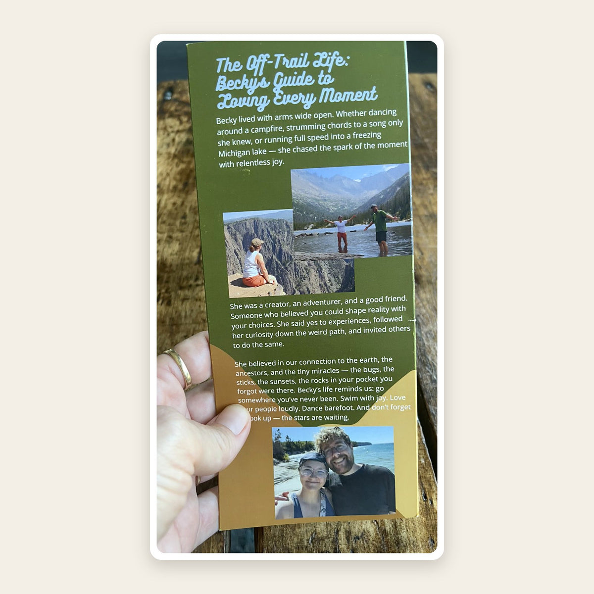 Sample Final Adventure Map inside panel with a short life story, adventure photos, and a guide to loving every moment